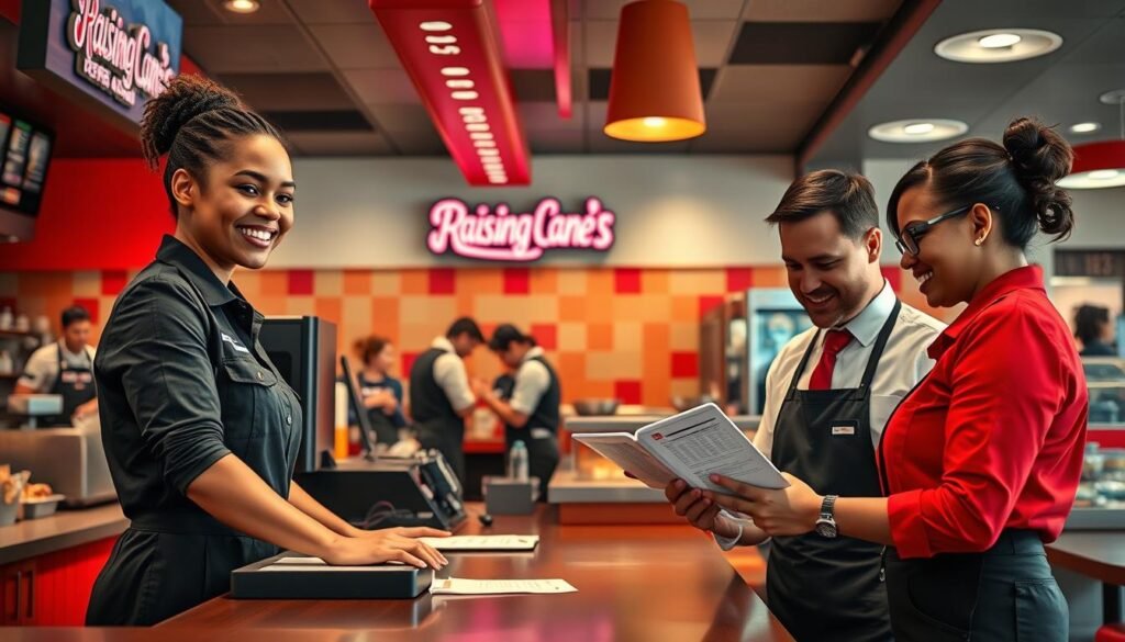 A visually engaging scene depicting a lively Raising Cane's restaurant setting, showcasing various employees in professional attire, including cashiers, cooks, and managers working harmoniously. In the foreground, an employee gently serves a customer at the counter with a warm smile. The middle ground features a team collaborating in the kitchen, preparing food efficiently, while a manager reviews employee performance charts on a tablet. In the background, vibrant colors from the restaurant's signature branding create a friendly atmosphere, illuminated by soft overhead lighting, enhancing the sense of a busy yet organized work environment. The composition captures a dynamic yet inviting mood, emphasizing teamwork and professionalism within the fast-food industry, with a lens focused on creating a vibrant and engaging image.