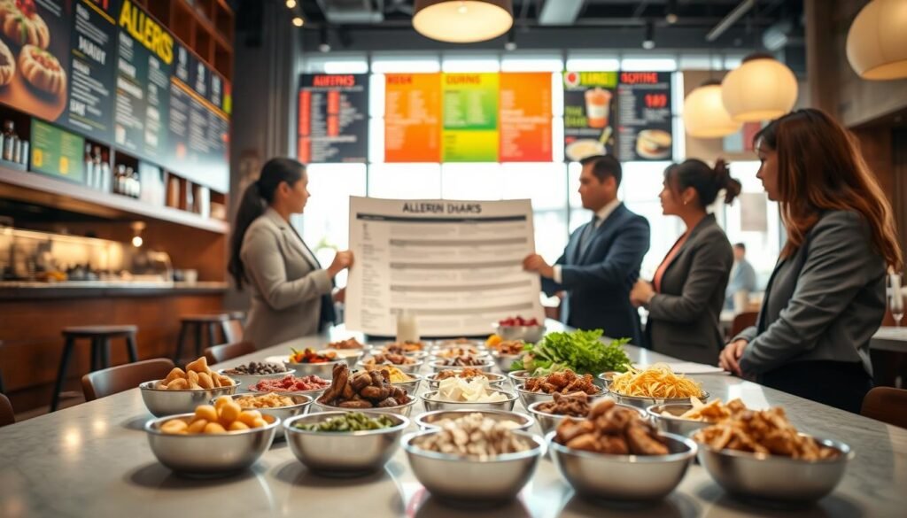 A visually informative scene depicting allergen guidance for menu items, focusing on a colorful variety of food ingredients. In the foreground, a clean, well-organized table displays small bowls filled with common allergens like nuts, dairy, and gluten, each labeled clearly. In the middle ground, a diverse group of individuals in modest business attire, attentively examining an allergen chart, are discussing dietary restrictions. The background features a softly lit restaurant setting with vibrant menu boards and an inviting atmosphere. Natural light filters in through large windows, creating a warm and welcoming mood, ideal for guiding diners in navigating food allergies. The angle captures both the focus on the table and the engaged conversation among the people, ensuring a professional yet friendly feel.