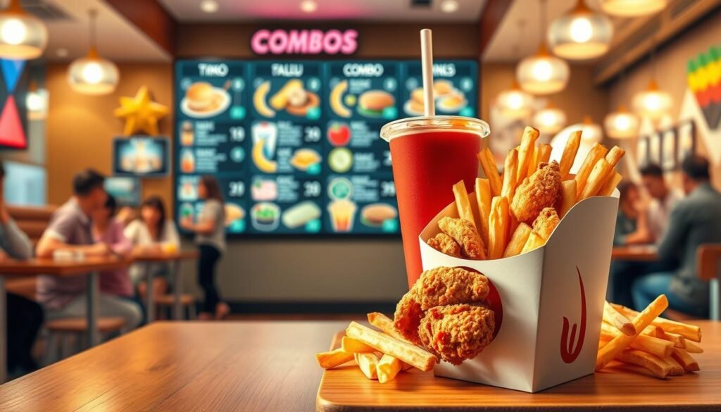 A visually striking digital artwork showcasing a vibrant, optimized combo box for a fast-food menu. In the foreground, a detailed close-up of a combo box filled with crispy chicken, fries, and a refreshing drink, presented in an appetizing arrangement. The middle ground features a stylized menu board displaying various combo options with colorful icons, alluding to customization. The background includes a lively restaurant scene with patrons enjoying their meals, capturing the ambiance of a busy eatery. Soft, warm lighting enhances the inviting atmosphere, while an overhead perspective adds depth. The overall mood is cheerful and enticing, designed to attract attention and inspire appetite without text or distractions.