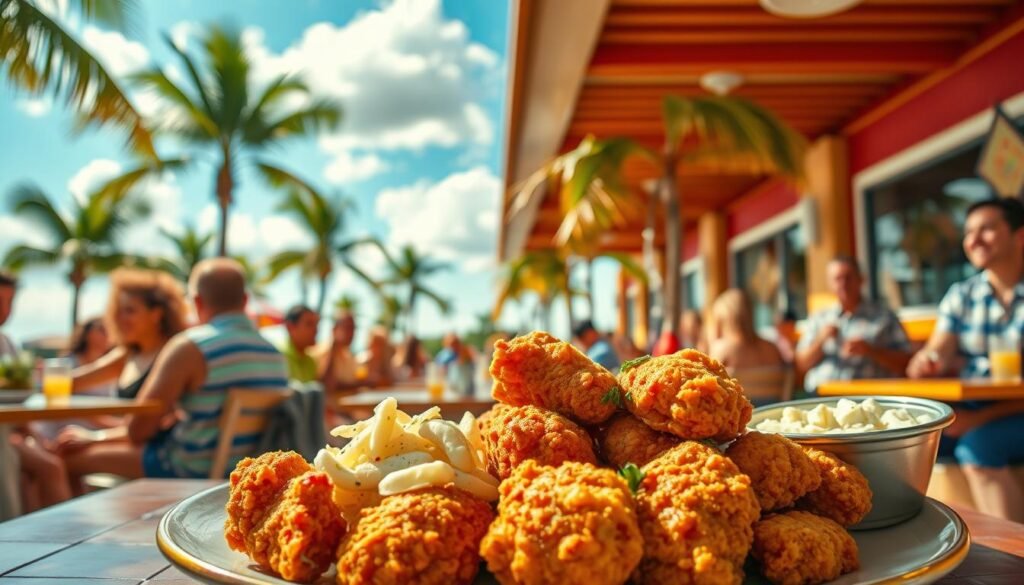 A warm and inviting scene showcasing "One Love Chicken," with a beautifully presented plate of crispy fried chicken at the forefront. The chicken is golden-brown, perfectly crispy, garnished with fresh herbs, and served alongside fluffy coleslaw and buttery biscuits. In the mid-ground, a vibrant, sunlit dining area filled with people enjoying their meals, dressed in casual, colorful clothing, embodying the friendly atmosphere of Florida. Behind them, palm trees sway in a gentle breeze, under a bright blue sky with fluffy white clouds. The lighting is bright and warm, evoking a cheerful, sunny day. The angle is slightly elevated, capturing both the food and the happy diners, creating a sense of abundance and community, while emphasizing the delightful experience of dining at Raising Cane's.