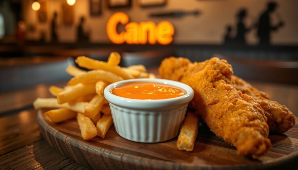 An inviting close-up of Cane's signature cane sauce in a small, round white dish, placed on a rustic wooden table. The vibrant orange hue of the sauce glistens under warm, soft lighting that creates an inviting atmosphere. Surrounding the sauce are crispy crinkle-cut fries and tender, golden chicken tenders on a wooden platter, enhancing the visual appeal. In the background, faint silhouettes of Cane's restaurant decor can be seen, adding a subtle context. The overall mood is cozy and appetizing, with a shallow depth of field to keep the focus on the sauce, showcasing its creamy texture and rich consistency. This composition embodies a tantalizing side essential to the meal.