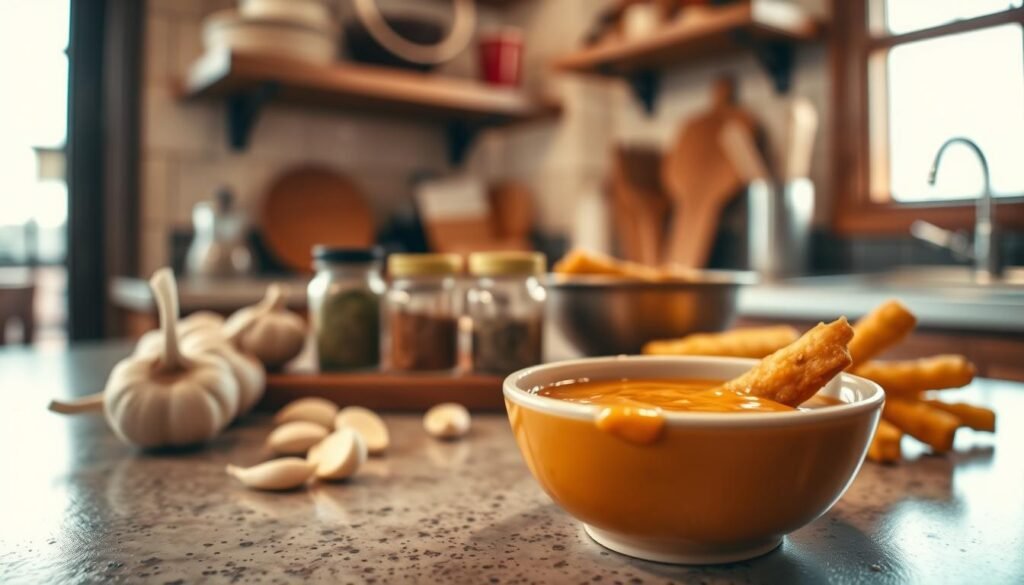 An inviting, rustic kitchen countertop scene featuring a small bowl of Raising Cane's dipping sauce, rich and creamy with a hint of a dark orange hue, surrounded by fresh ingredients like garlic cloves and spices. The foreground showcases the bowl, with a dipping item, like fries or chicken tenders, resting on the edge. In the middle, there are small jars of spices and herbs, hinting at the sauce's secret blend. The background displays a softly blurred kitchen setting with wooden shelves and cooking utensils. Soft, warm lighting filters through a nearby window, creating a cozy atmosphere, emphasizing the homemade aspect of the sauce preparation. The angle captures the scene from a slightly elevated viewpoint, inviting the viewer into the process of preparing this delicious dipping sauce.